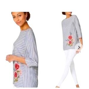 J. Jill Love 100% Linen Stripe Floral Embroidered Blouse Sz S Petite Blue White